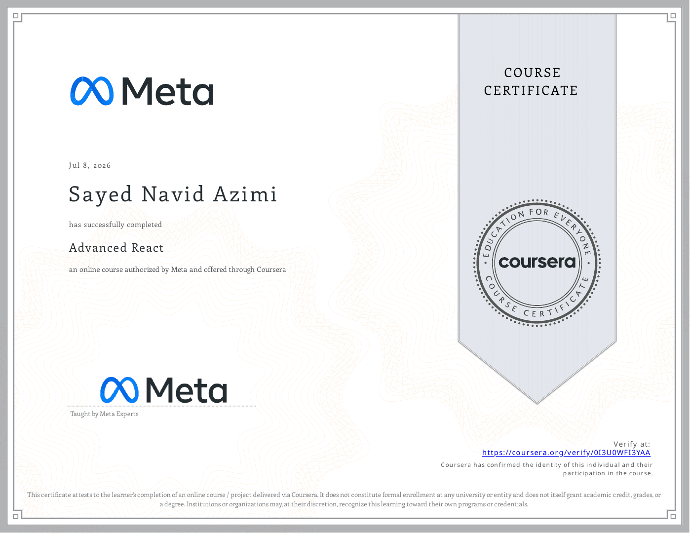 Advanced React certificate awarded to Sayed Navid Azimi