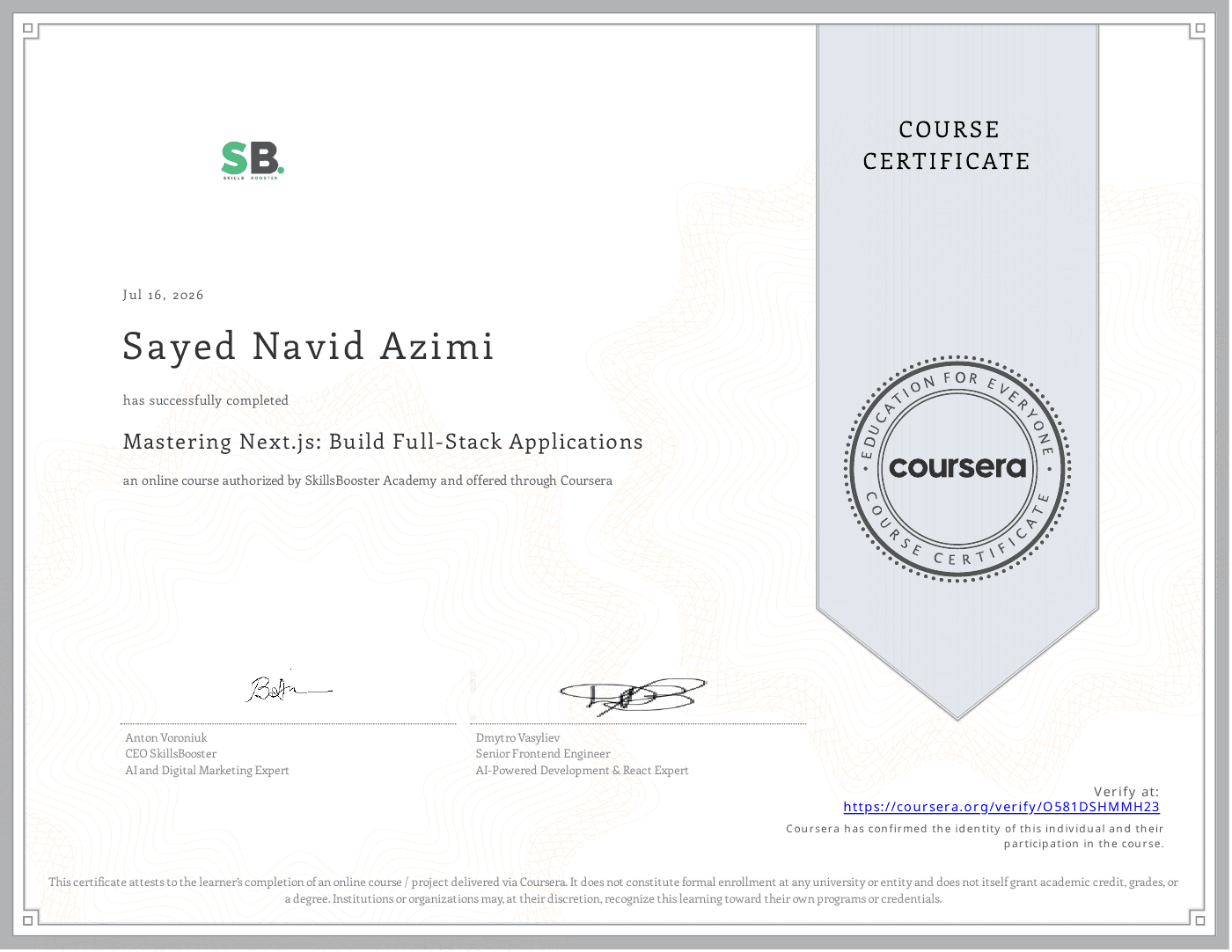 Mastering Next.js: Build Full-Stack Applications certificate awarded to Sayed Navid Azimi