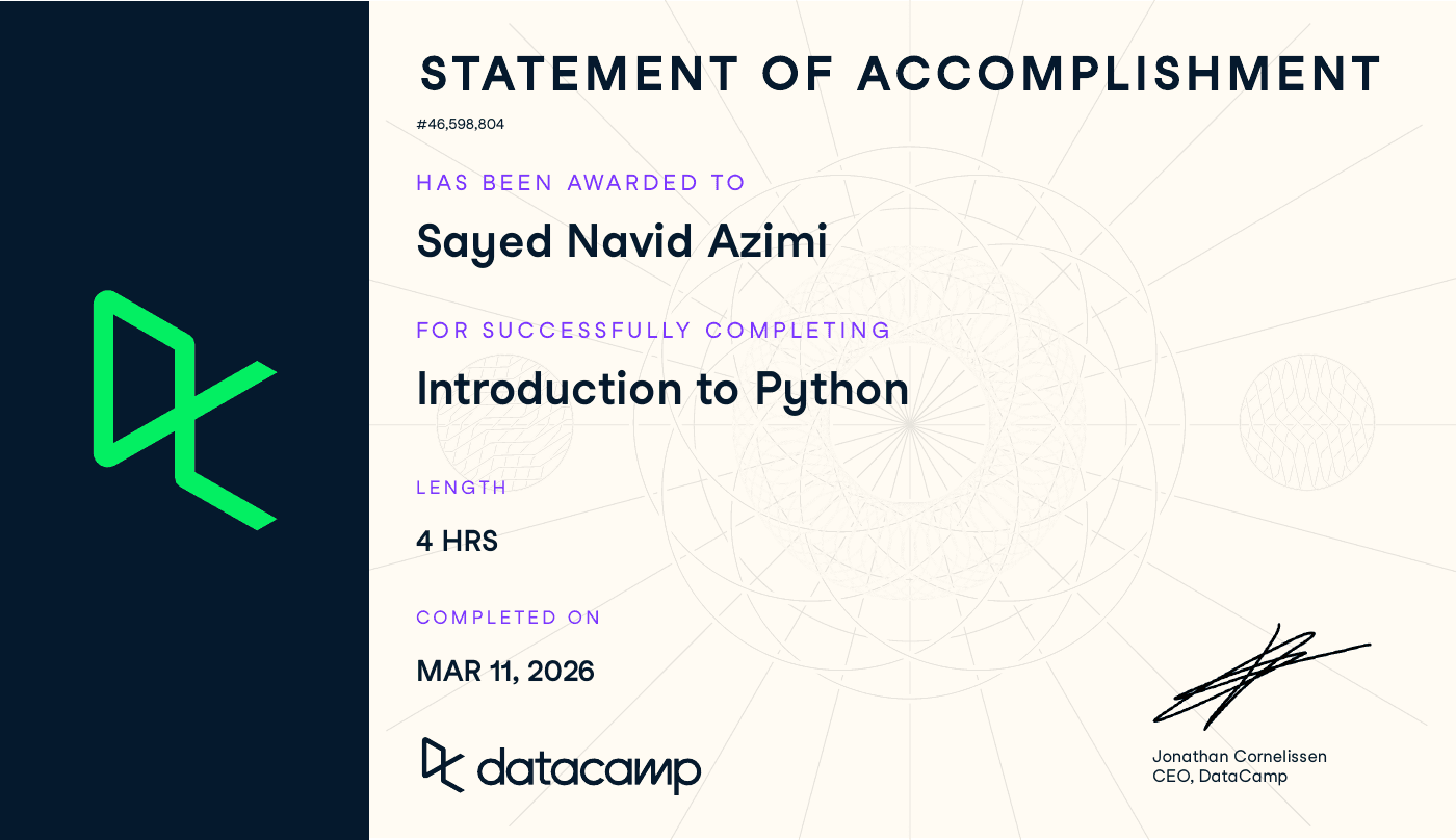 Introduction to Python certificate awarded to Sayed Navid Azimi